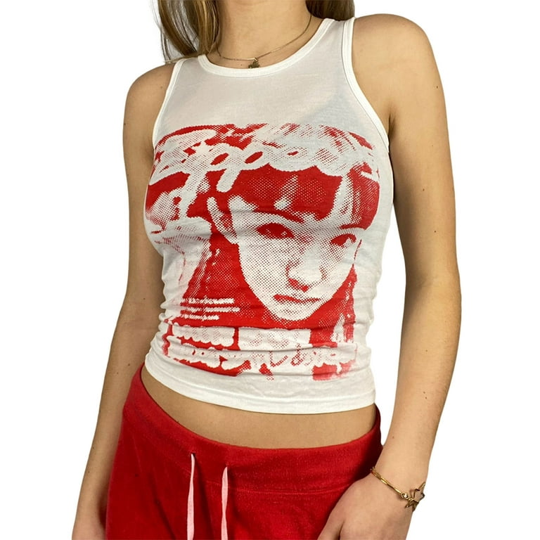 Women's Vintage Cami Tank Tops,Sleeveless Graphic Face Portrait Print Round  Neck Slim Fit T-Shirt Tops 90s Streetwear