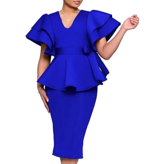 Women's Vintage Cap Sleeve Bodycon Peplum Business Formal Work Pencil Midi Dress