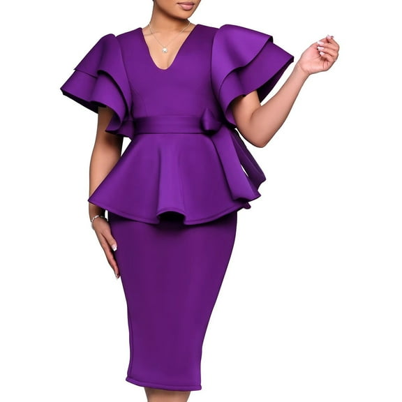 Women's Vintage Cap Sleeve Bodycon Peplum Business Formal Work Pencil Midi Dress