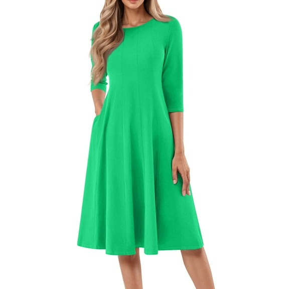 Women's Vintage Casual 3/4 Sleeve Round Neck A-Line Midi Dress, Narrow Ruffled Neckline And Retro Patchwork Design, Fabric For Comfort, Perfect For Autumn Winter Daily