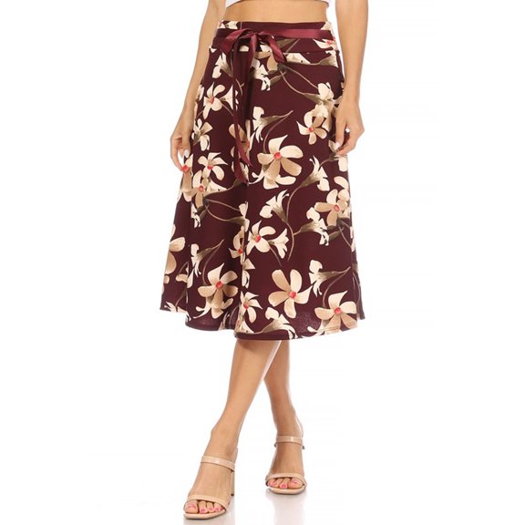 Women's Vintage Casual A-Line Printed High Waist Bow Tie Belted Knee-Length Midi Skirt