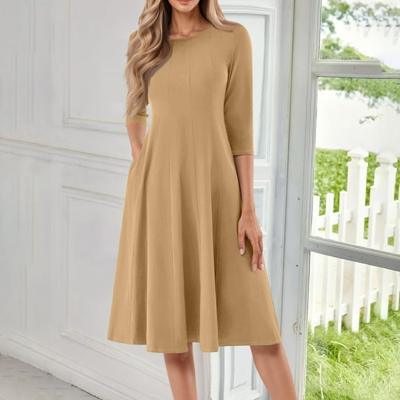 Women's Vintage Casual Fashion A-Line Midi Dress, Narrow Ruffled Round Neck 3/4 Sleeve Material, Retro Patchwork Design Elegant Fit & Flare Silhouette For Autumn Winter