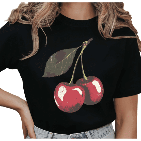 Women's Vintage Cherry Graphic Retro Fruit Lover Casual T Shirt Comfortable Short Sleeve Round Neck Top Black S-5XL