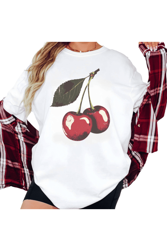 Women's Vintage Cherry Graphic Retro Fruit Lover Casual T Shirt Comfortable Short Sleeve Round Neck Top White S-5XL