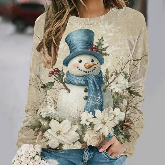 Women's Vintage Christmas Animal Graphic Round Neck Sweatshirt, Ugly Sweater Long Sleeve Casual Pullover Top, Holiday Party Fashion Blouse,Beige,2XL