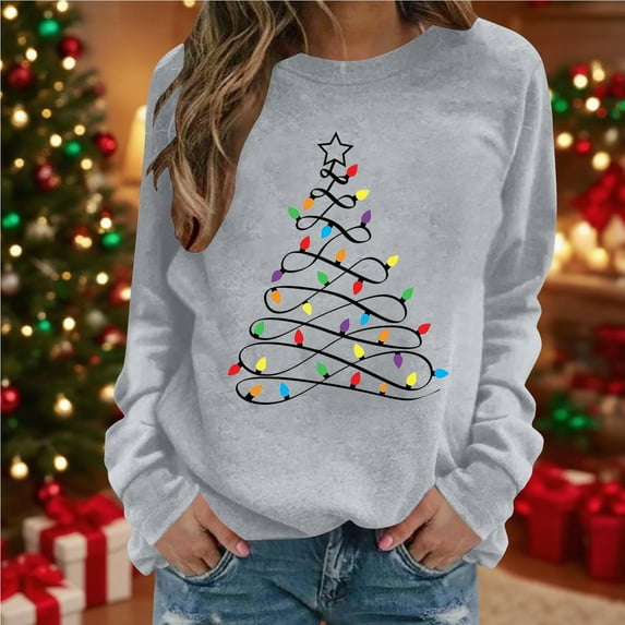 Women's Vintage Christmas Animal Graphic Round Neck Sweatshirt, Ugly Sweater Long Sleeve Casual Pullover Top, Holiday Party Fashion Blouse,Gray,2XL