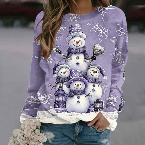 Women's Vintage Christmas Animal Graphic Round Neck Sweatshirt, Ugly Sweater Long Sleeve Casual Pullover Top, Holiday Party Fashion Blouse,Purple,M