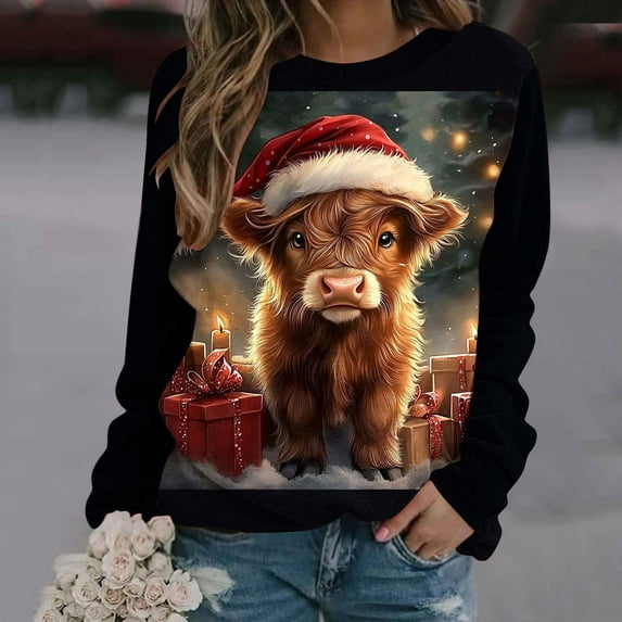 Women's Vintage Christmas Animal Graphic Round Neck Sweatshirt, Ugly Sweater Long Sleeve Casual Pullover Top, Holiday Party Fashion Blouse,Vermilion,XL