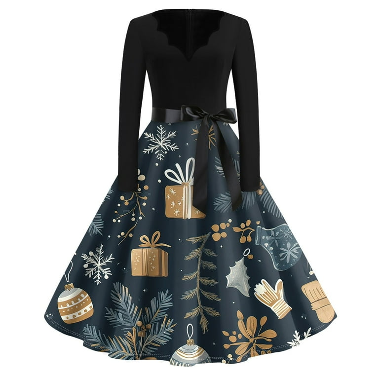 Women s Vintage Christmas Dress Long Sleeve Snowflake Print A Line Swing Party Dress with Belt Walmart