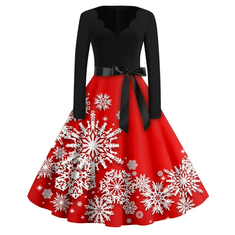 Women's Vintage Christmas Dress Long Sleeve Snowflake Print Swing - Main Image