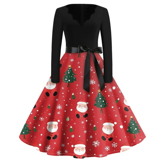 Women's Vintage Christmas Dress Retro Long Sleeve Party Dress with Festive Print and Bowknot Belt