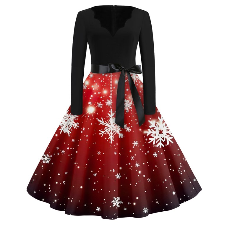 Women's Vintage Christmas Dress Retro Long Sleeve Party Dress with Festive  Print and Bowknot Belt - Walmart.com