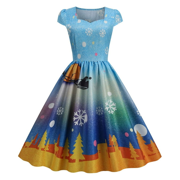 Women s Vintage Christmas Dress Santa Claus Print Short Sleeve Retro Swing Party Dress Walmart