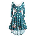 thumbnail image 1 of Women's Vintage Christmas Dress V Neck Print Long Sleeve High Low Dress A Line Swing Cocktail Midi Dress Fall Outfit, 1 of 5