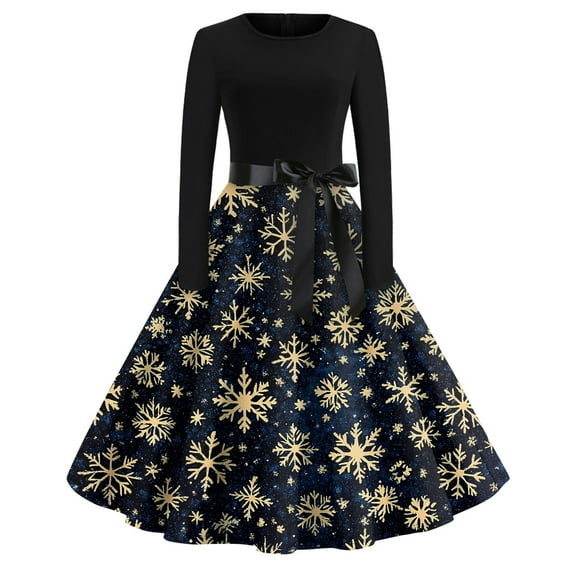 Women's Vintage Christmas Party Dress Long Sleeve Elegant A-Line Midi Dress with Festive Print, Belted Waist