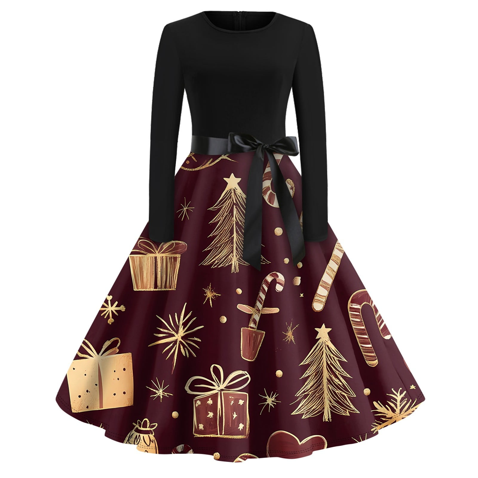 Women's Vintage Christmas Party Dress Long Sleeve Elegant A-Line Midi Dress  with Festive Print, Belted Waist - Walmart.com