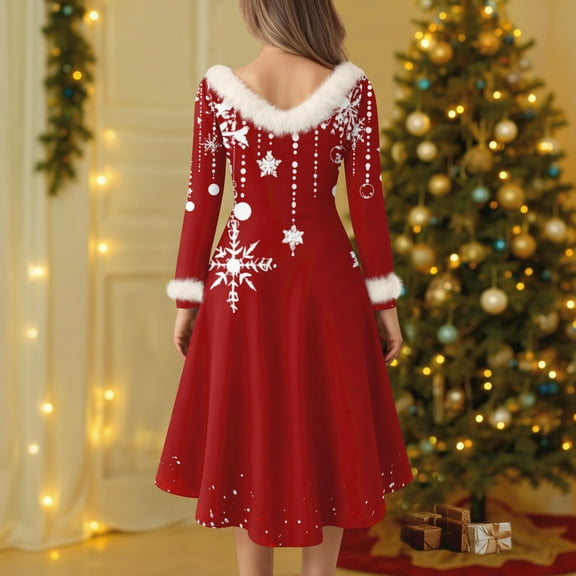 Women's Vintage Christmas Printed Midi Dress - Casual Cocktail Party Festive Wear, Red, XL