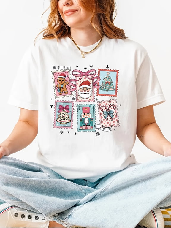 Women's Vintage Christmas Stamp T-Shirt Coquette Bow Santa Nutcracker Gingerbread Graphic Tee
