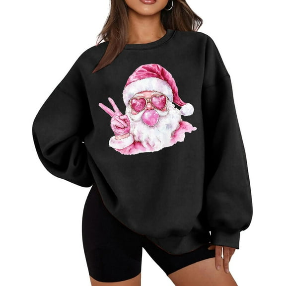 Women's Vintage Christmas Sweatshirt - Round Neck Thin Fleece Hoodless Top, Retro 90s-Style Santa Print, Long Sleeve Loose Fit, Nostalgic Festive Wear for Holiday Movie Nights