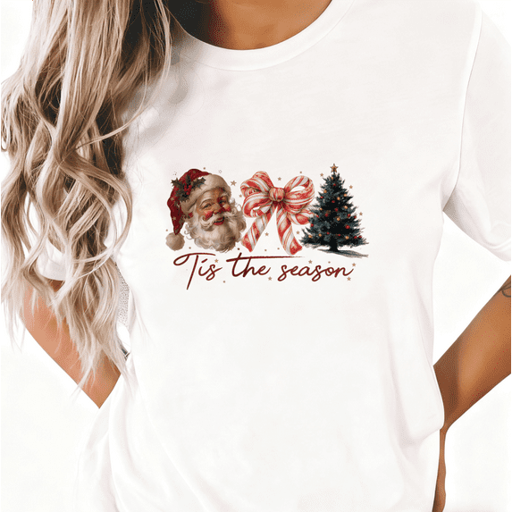 Women’s Vintage Christmas T Shirt Santa Tree Candy Cane Bow Holiday Top S-5XL