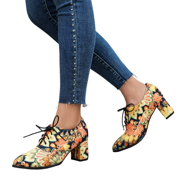 Women's Vintage Chunky High Heel Oxfords Dress Shoes Combat Boots Ankle Booties with Pointed Toe for Christmas Halloween Party