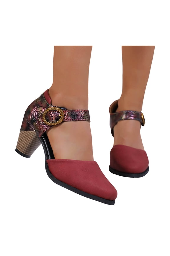 Women's Vintage Chunky High Heels Dress Shoes Flower Retro Leather Pointy Toe Stacked Heeled Cocktail Pumps