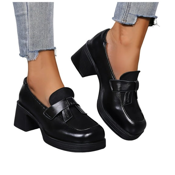 Women's Vintage Chunky High Heels Mary Jane Dress Shoes Leather Square Toe Lug Sole Platform Slip on Pumps Penny Loafer