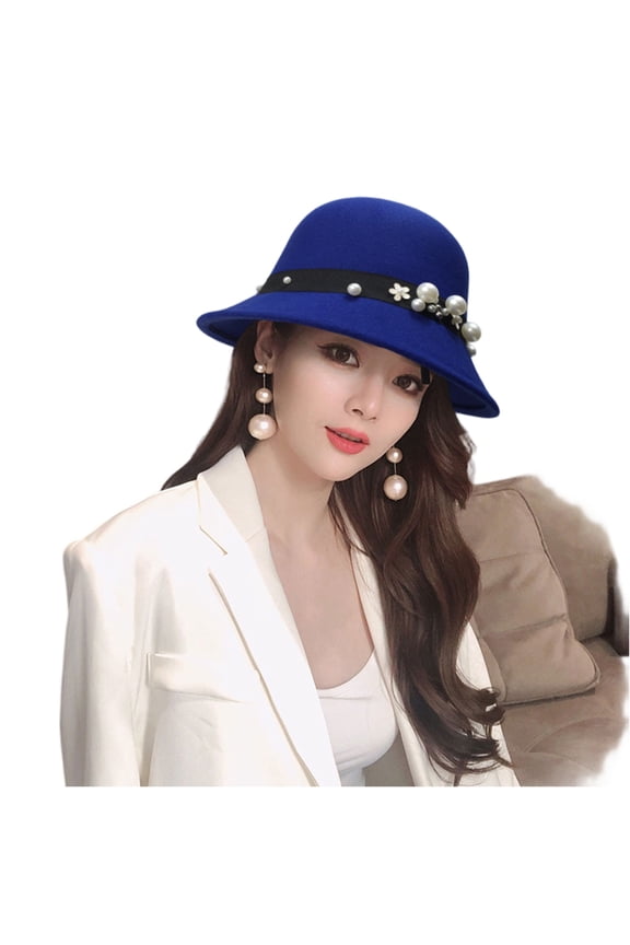 Women's Vintage Cloche Hat Retro Wool Felt Round Top Fedora for Adults Elegant Pearl Floral Church Dress Headwear Winter Travel Vacation Everyday Casual Apparel Accessory