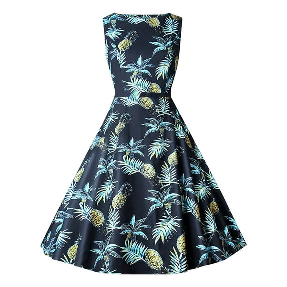 Women's Vintage Cocktail Dress Round Neck Floral Print Sleeveless Prom Dress A Line Swing Midi Evening Tea Dresses