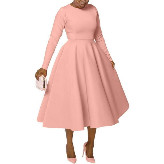 Women's Vintage Cocktail Dresses Retro Round Neck Long Sleeve A Line Formal Swing Maxi Dress Fall Winter Clothes