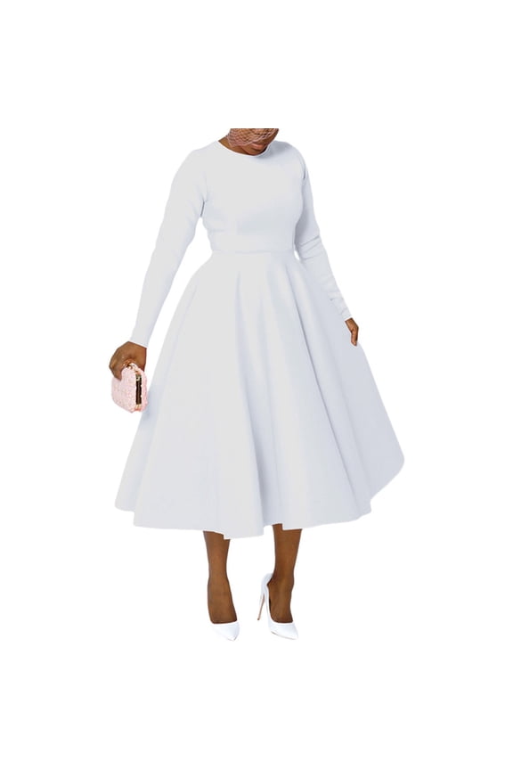 Women's Vintage Cocktail Dresses Retro Round Neck Long Sleeve A Line Formal Swing Maxi Dress Fall Winter Clothes