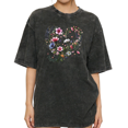 thumbnail image 1 of Women's Vintage Colorful Wildflower Heart Bouquet Graphic Short Sleeve Comfortable Washed T Shirt Black S-2XL Plus Size, 1 of 5