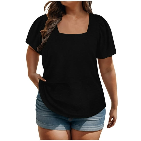 Women's Vintage Comfy Casual Shirts Dressy Casual Tops Square Neck Blouse Tunic Solid Color Summer Clothes for Teen Girls Short Sleeve Loose Fit Flowy Tunic Tops Fashion 2024 Black T Shirts XXXXXL