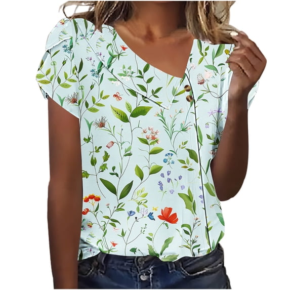 Women's Vintage Comfy Casual Shirts Fashion 2024 V Neck Blouse Y2K Tops Dressy Casual Flora Print Short Sleeve Tunic Tops for Lady Loose Fit Flowy Summer Clothes for Teen Girls Green T Shirts XXL