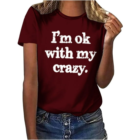 Women's Vintage Comfy Casual Shirts Funny Letter Print Tees Short Sleeve Loose Fit Flowy Tunic Tops Fashion 2024 Dressy Casual Tops Summer Clothes for Teen Girls Round Neck Blouse Wine T Shirts M