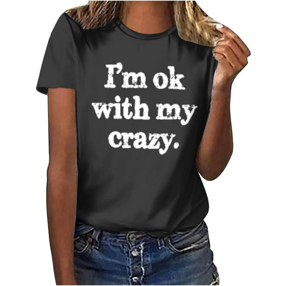 Women's Vintage Comfy Casual Shirts Funny Letter Print Tees Short Sleeve Loose Fit Flowy Tunic Tops Round Neck Blouse Fashion Summer Clothes for Teen Girls Dressy Casual Tops Dark Gray T Shirts XL