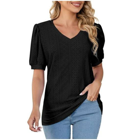Women's Vintage Comfy Casual Shirts Solid Color V Neck Blouse Short Sleeve Loose Fit Flowy Tunic Tops Summer Clothes for Teen Girls Fashion 2024 Dressy Casual Tops for Lady Black T Shirts L