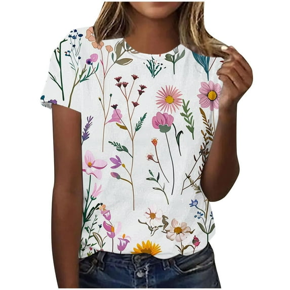 Women's Vintage Comfy Casual Shirts Summer Clothes for Teen Girls Tie Dye Floal Printing Fashion 2024 Dressy Casual Tops Short Sleeve Loose Fit Flowy Tunic Tops Round Neck Blouse Blue T Shirts S