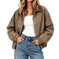 thumbnail image 1 of Women's Vintage Contrast Lapel Collar Bomber Jacket Elastic Cuffs Hem Loose Fit Cropped Jacket Fall Winter Casual Cargo Coat with Pocket Khaki, 1 of 6