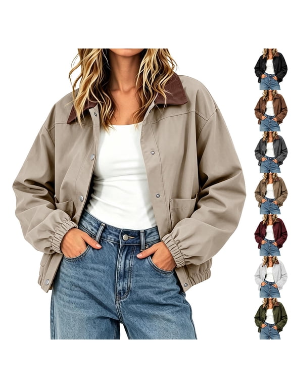 Women's Vintage Contrast Lapel Collar Bomber Jacket Elastic Cuffs Hem Loose Fit Cropped Jacket Fall Winter Casual Cargo Coat with Pocket White