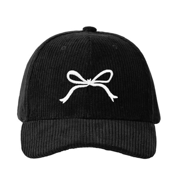 Women's Vintage Corduroy Adjustable Baseball Cap Bow Embroidery Casual Hat for Spring Black Free Size