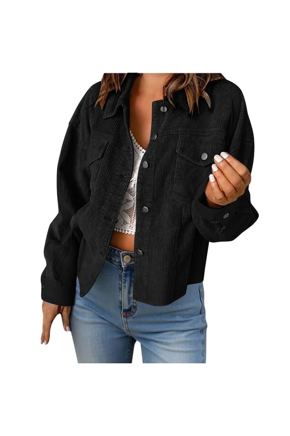 Women's Vintage Corduroy Cropped Shacket - Lapel Button Down Short Jacket with Flap Pockets, Soft Warm Fall Winter Outerwear
