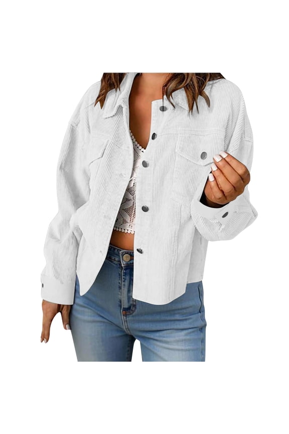 Women's Vintage Corduroy Cropped Shacket - Lapel Button Down Short Jacket with Flap Pockets, Soft Warm Fall Winter Outerwear