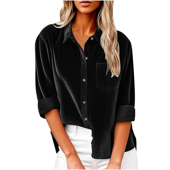 Women's Vintage Corduroy Velvet Button Down Shirt Sophisticated V-Neck Blouse Long Sleeve Lapel Collar Business Casual Top