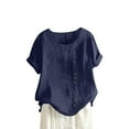 thumbnail image 1 of Women's Vintage Cotton & Hemp Boho Short Sleeve T-Shirt | Soft Round Neck Casual Top for Spring/Summer 2025 Blue L, 1 of 5