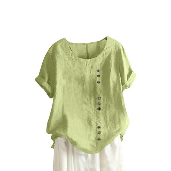 Women's Vintage Cotton & Hemp Boho Short Sleeve T-Shirt | Soft Round Neck Casual Top for Spring/Summer 2025 Green M