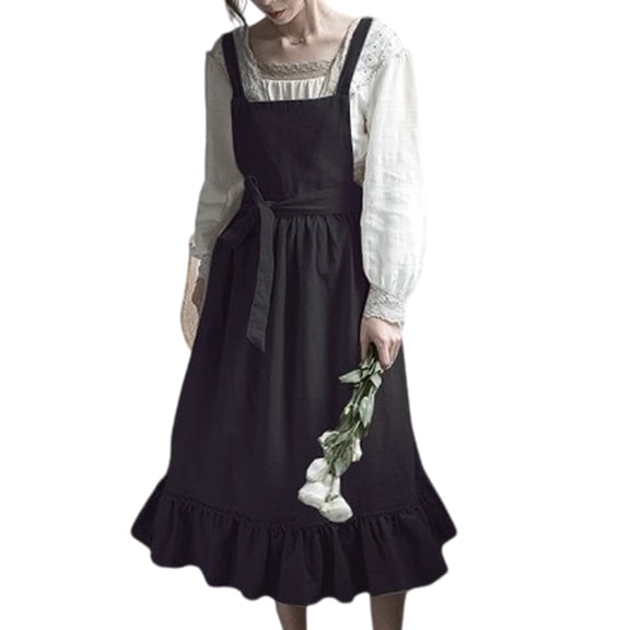 Women's Vintage Cotton Linen Adjustable Ruffle Apron with Pockets Maid Costume Pinafore Dress for Cooking and Crafting