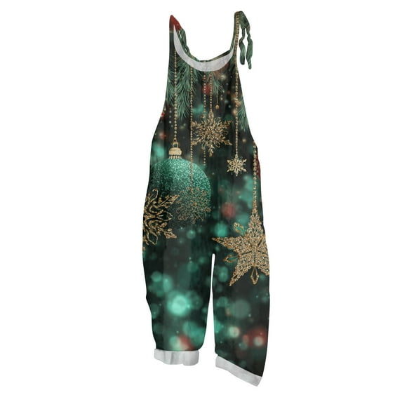 Women's Vintage Cotton Linen Overalls with Christmas Print - Casual Loose Jumpsuit with Shoulder Straps & Pockets, Army Green, Size L