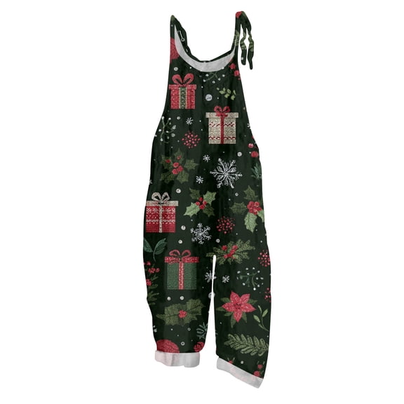 Women's Vintage Cotton Linen Overalls with Christmas Print - Casual Loose Jumpsuit with Shoulder Straps & Pockets, Army Green, Size XXXL