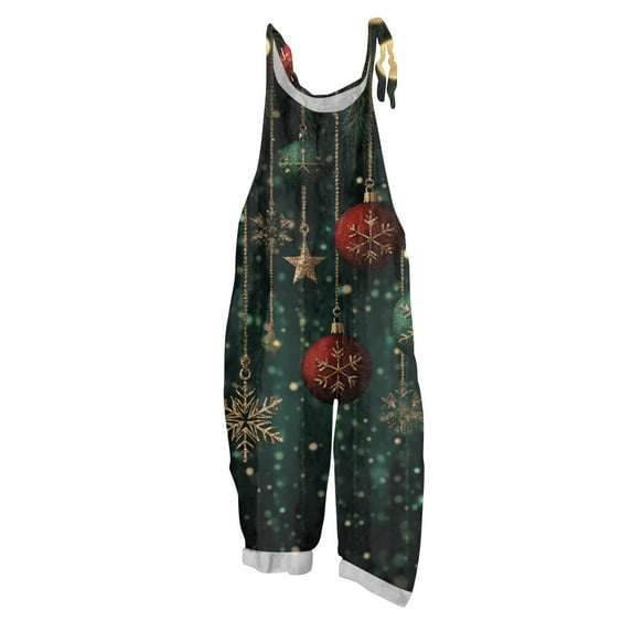 Women's Vintage Cotton Linen Overalls with Christmas Print - Casual Loose Jumpsuit with Shoulder Straps & Pockets, Dark Green, Size S